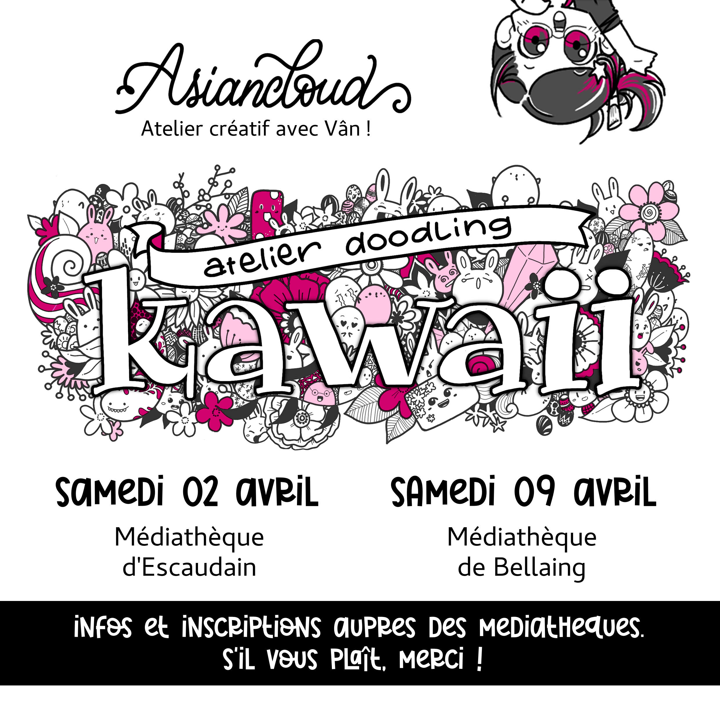 Atelier dessin manga gratuit, doodling kawaii à la médiathèque d'Escaudain le samedi 02 avril 2022 et à la médiathèque de Bellaing le samedi 09 avril 2022
