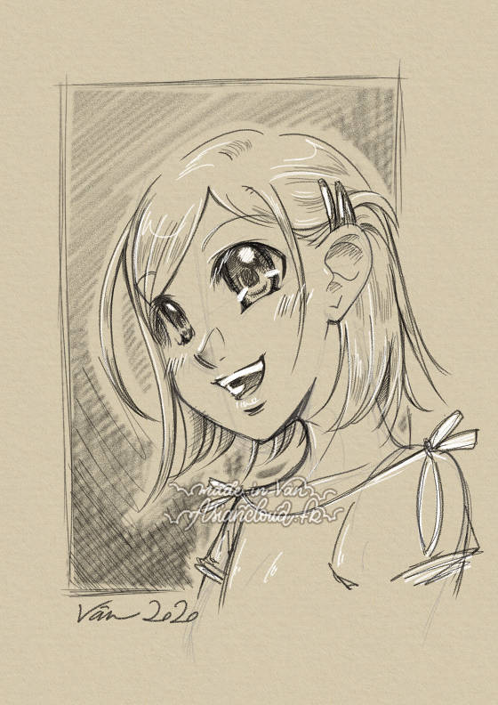 Exemple de dessin manga digital imitant le rendu du fusain. Personnage original créé par Asiancloud, jeune fille souriante aux grands yeux et cheveux clairs mi-longs qui rebiquent, sur fond texturé beige 