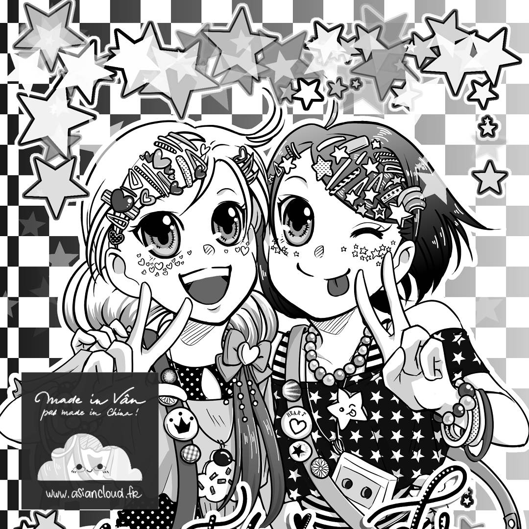Exemple de dessin manga digital imitant le rendu de l'encre et des trames de manga. deux jeunes filles japonaises souriantes qui font le signe de la victoire, avec une myriades de barrettes sur les cheveux, jupes bouffantes et colliers en plastique.