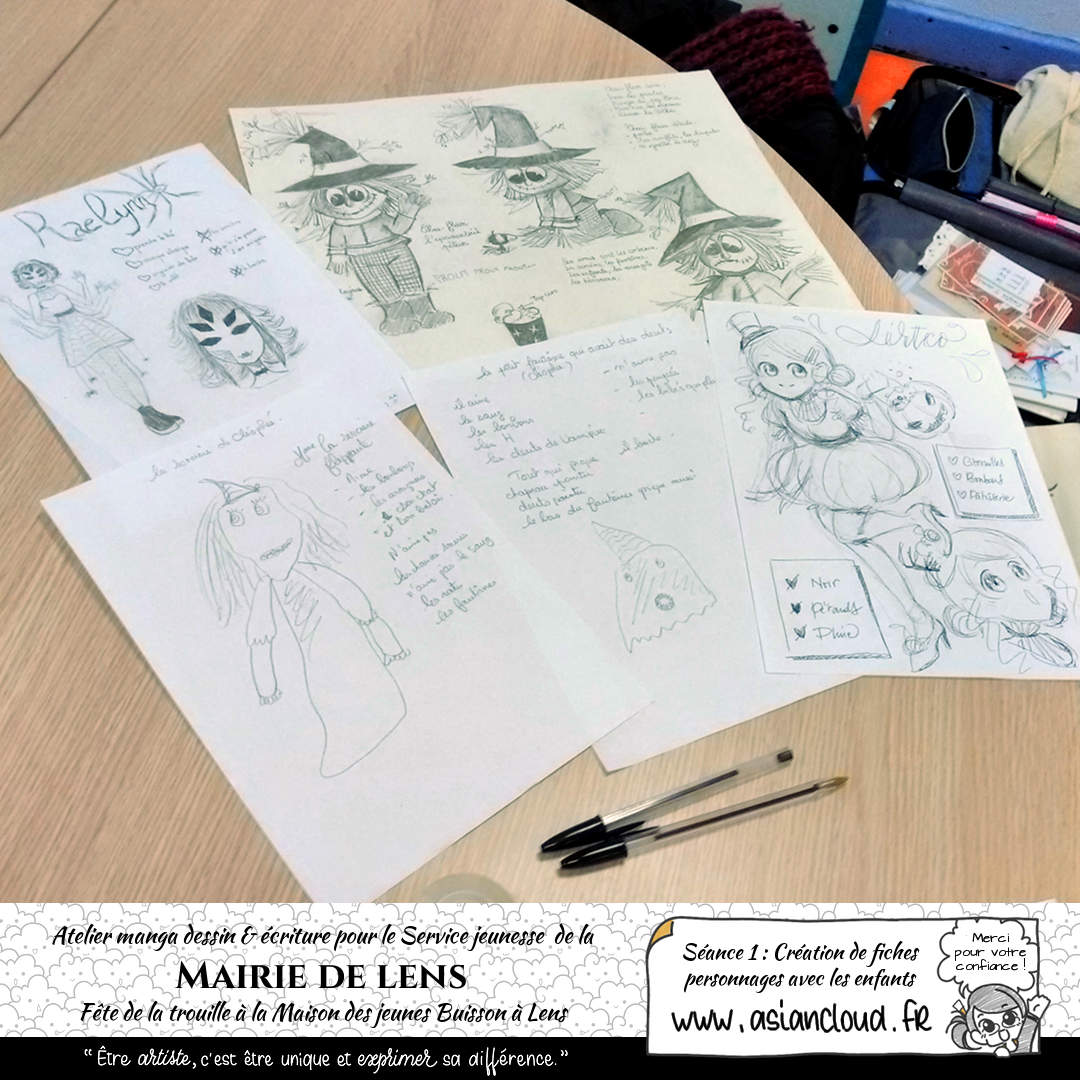 Programme d'atelier manga : création de personnages, écriture du scenario puis crayonné et mise en encre