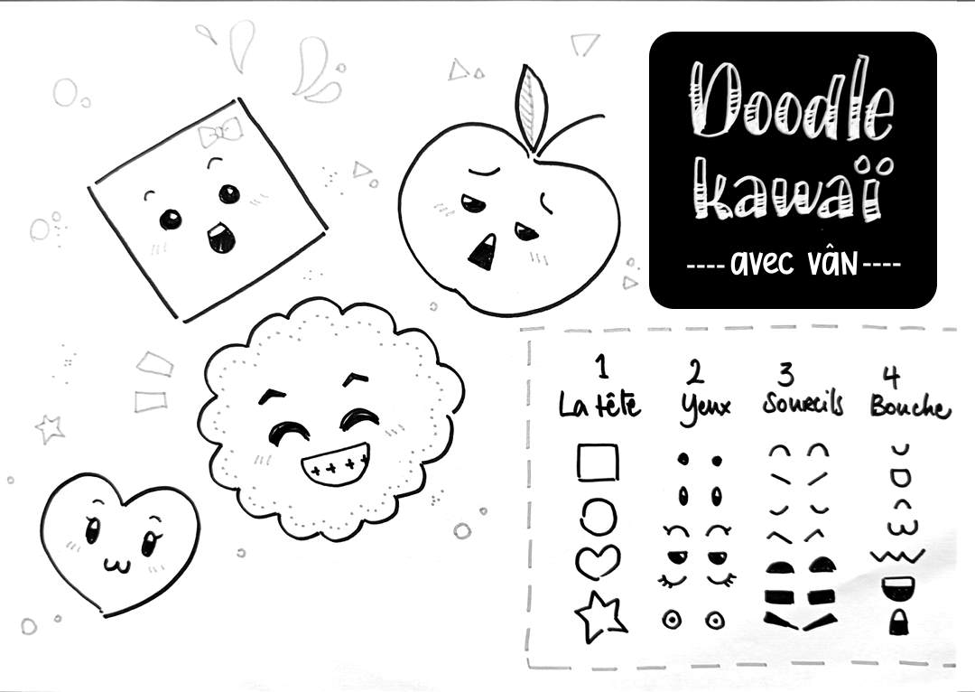 Visages mignons avec des expressions souriantes de style doodle dessinés en noir et blanc