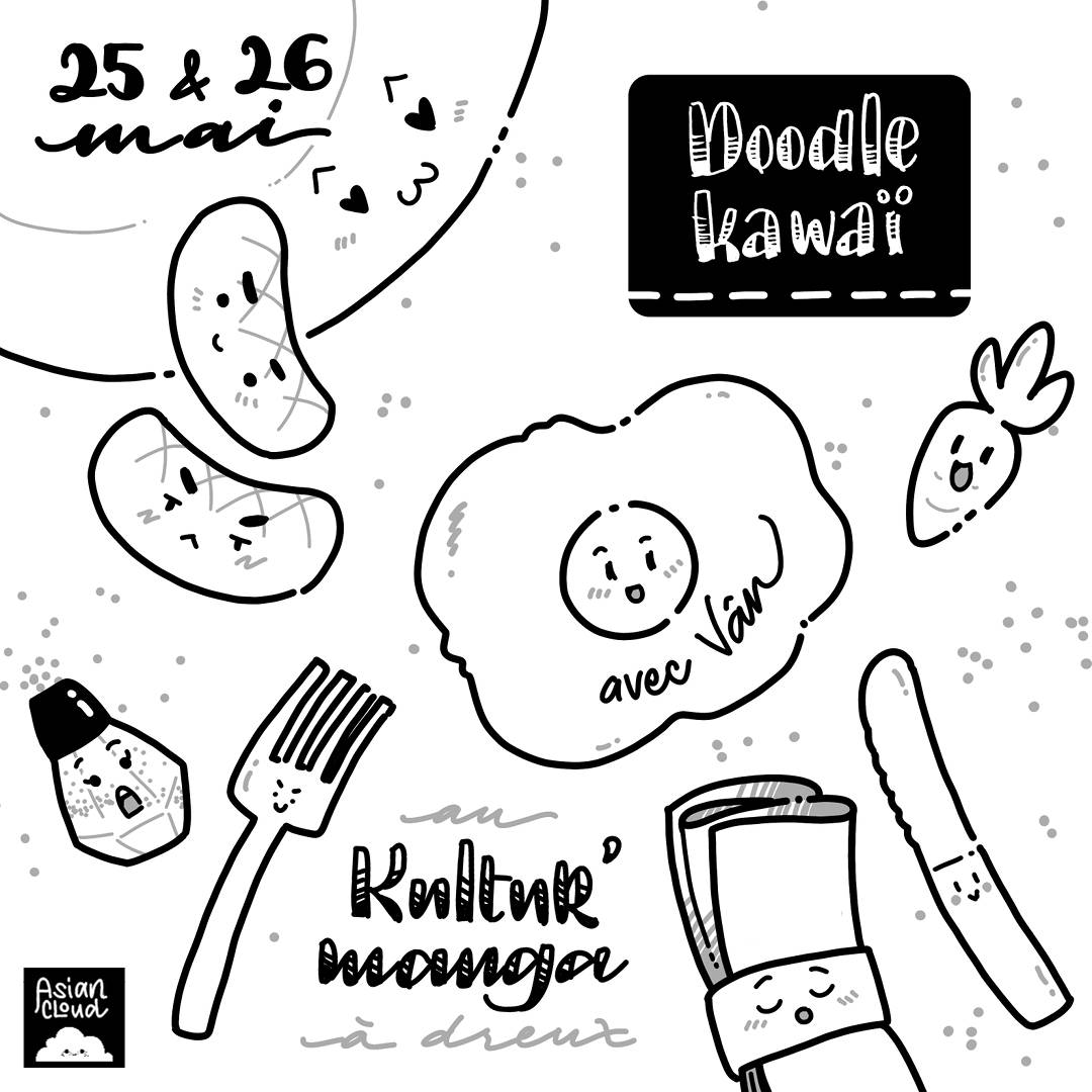 dessin en noir et blanc d'une assiette de petit déjeuner avec des petits visages souriants et mignons