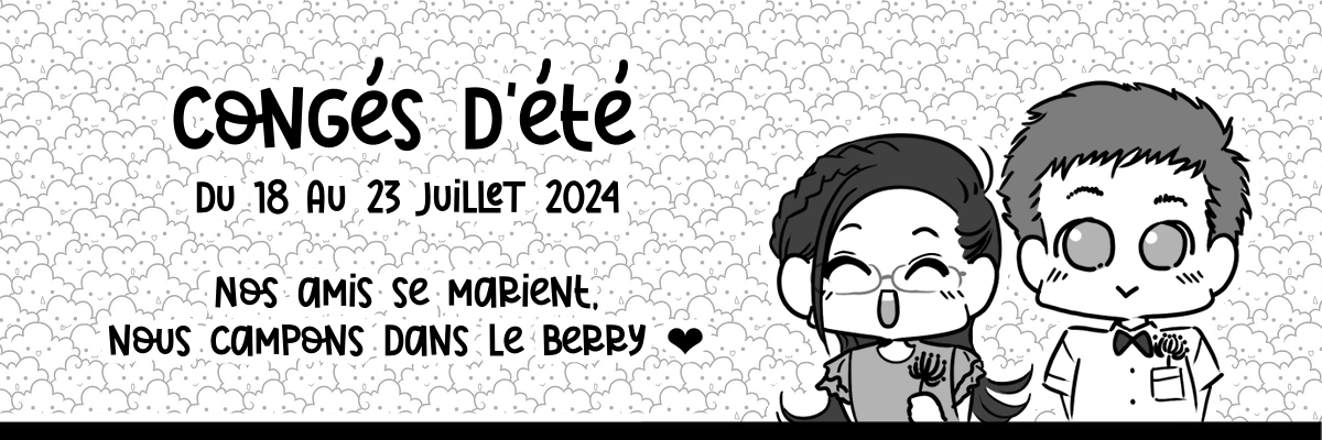 Bannière allongée avec deux petits personnages joufflus en noir et blanc en tenue du dimanche avec des fleurs pour un mariage