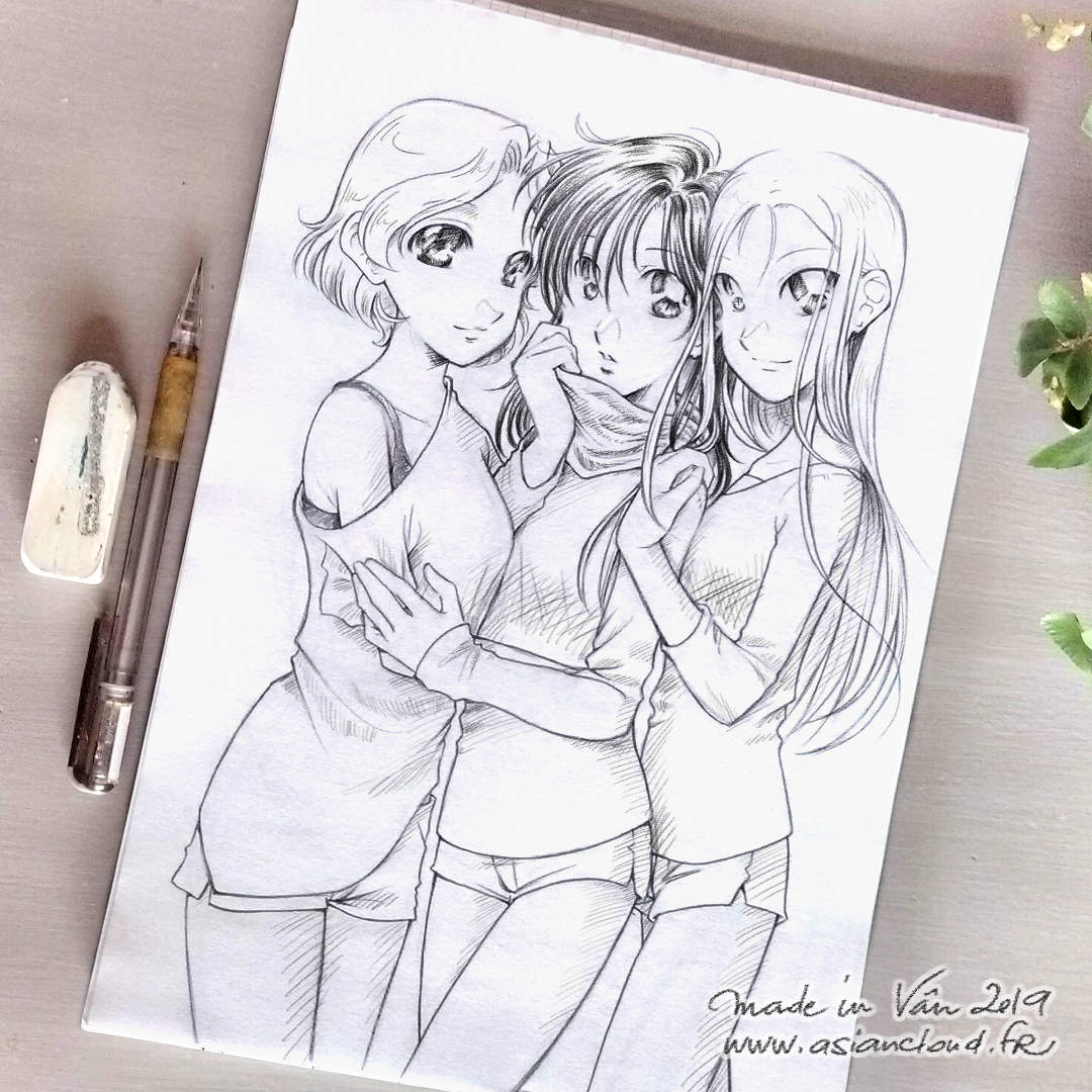 Dessin au graphite de 3 collégiennes japonaises avec ombres et lumières