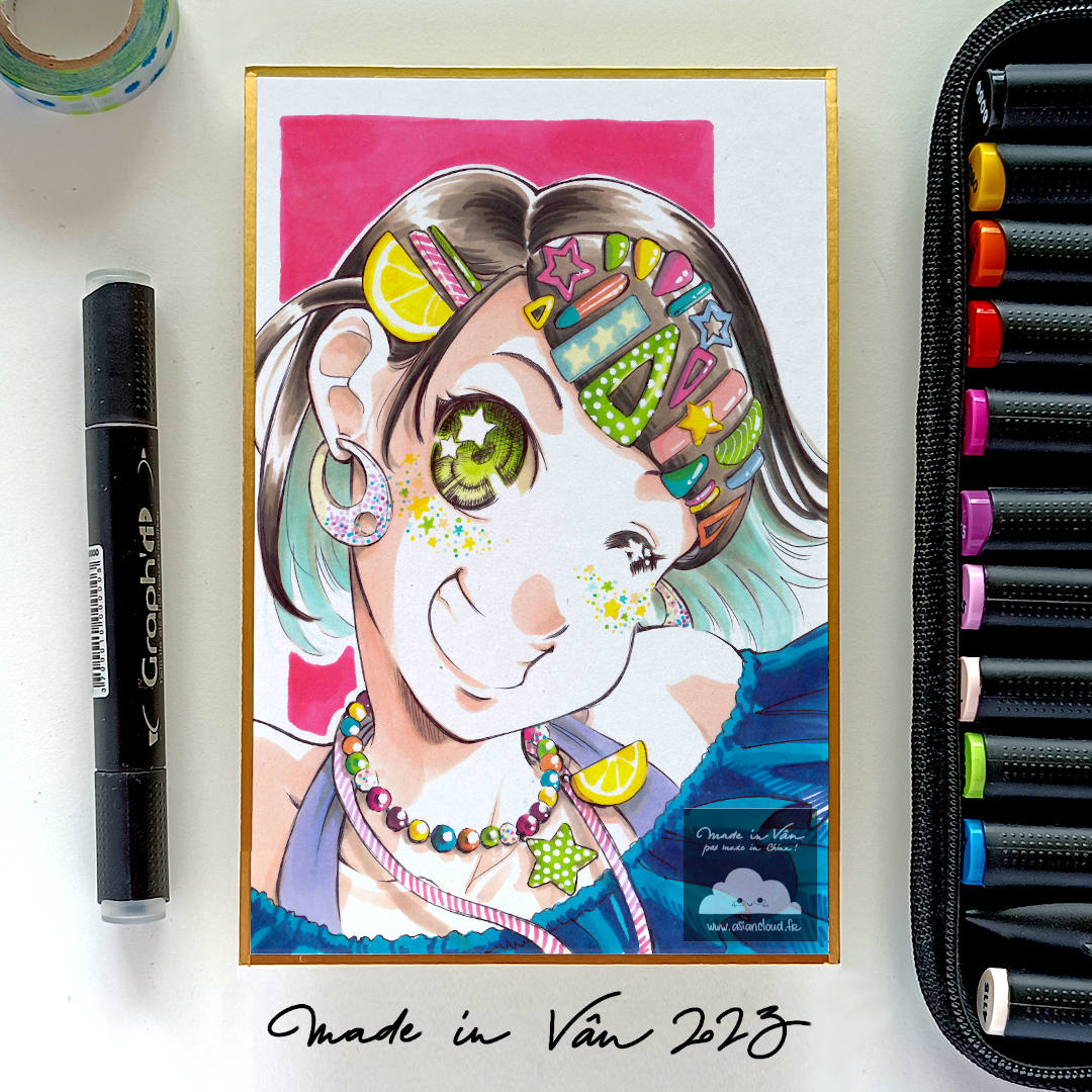 Étapes d'un dessin manga en 3 par 2, du croquis au stylo à bille à la mise en couleurs aux marqueurs à alcool