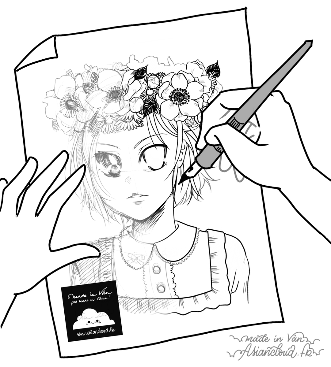 Planche d'exercice pour dessin à l'encre réalisée par Asiancloud - Coloriage d'automne avec jeune fille aux cheveux courts et yeux manga portant une couronne de fleurs