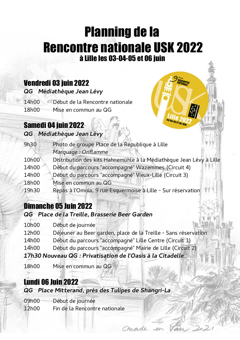 Planning de la rencontre nationale USK 2022 à Lille, différents événements et animations de la journée, lieux de rendez-vous